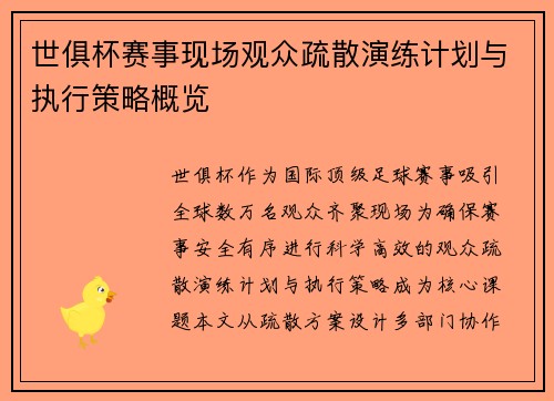 世俱杯赛事现场观众疏散演练计划与执行策略概览