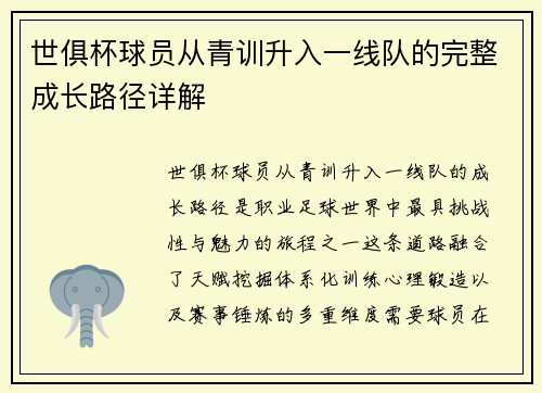 世俱杯球员从青训升入一线队的完整成长路径详解
